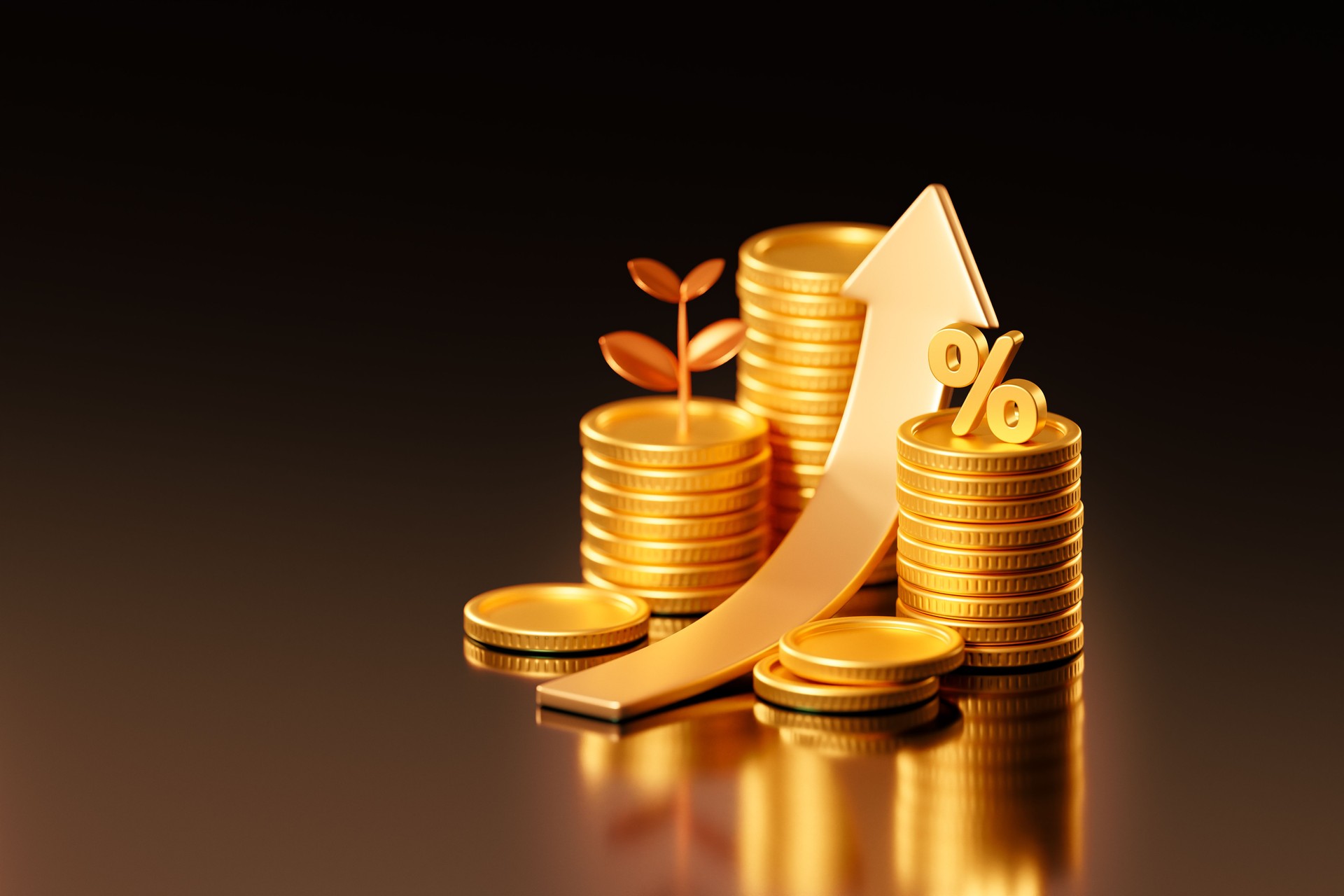 3D Gold Coin Stack Return on Investment Profit with Financial Growth and ROI Money Finance Concept.