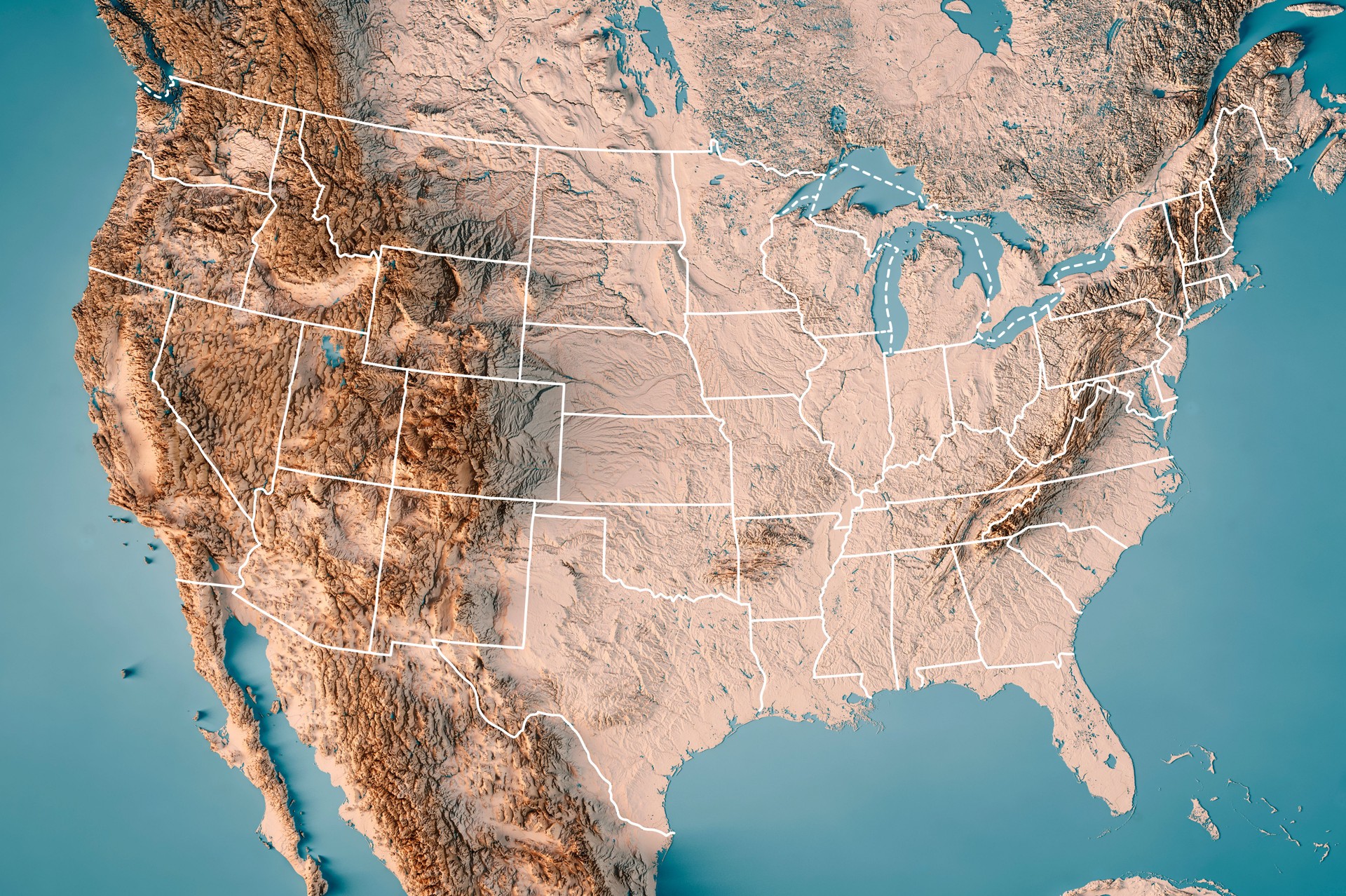 United States Topographic Map Horizontal 3D Render Neutral Border